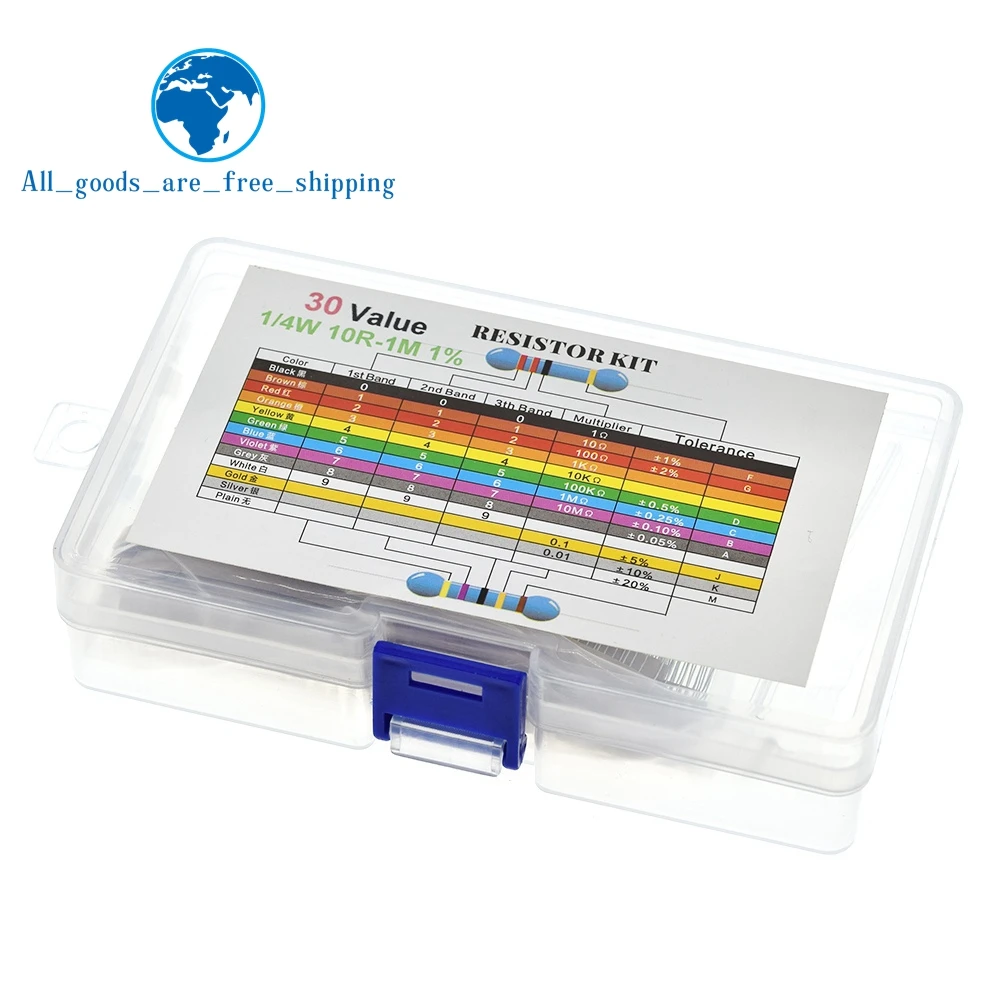 

TZT 600pcs/set 30 Kinds 1/4W Resistance 1% Metal Film Resistor Pack Assorted Kit 1K 10K 100K 220ohm 1M Resistors 300pcs/set
