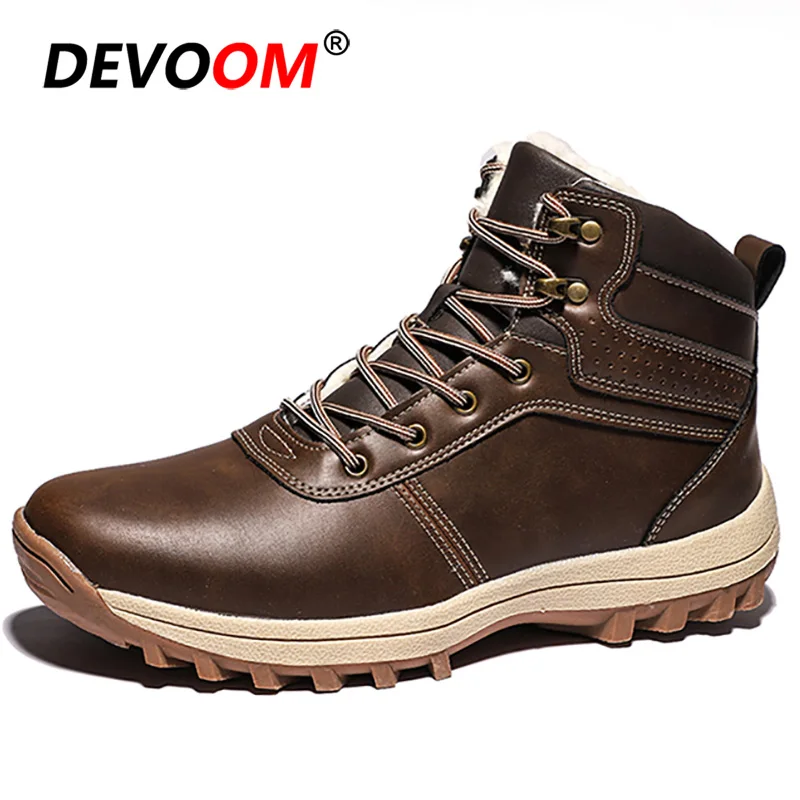 Dark brown Зимние треккинговые ботинки мужские теплые водонепроницаемые кроссовки Мужская Рабочая обувь меховые тактические ботинки мужские уличные альпинистские горные ботинки - Цвет: Dark brown