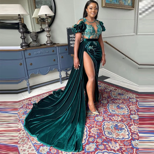 Velvet Short Sleeves Sexy Prom Dress 
