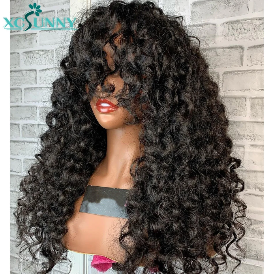 Curly Wig With Bangs Human Hair Wigs Brazilian Spiral Curl 24