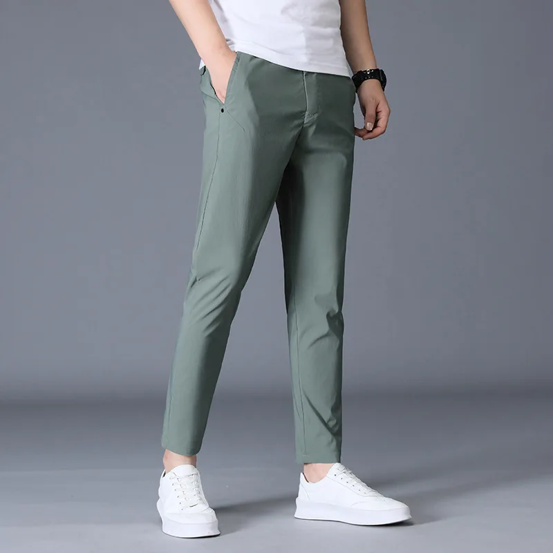 Ankle Length Ice Silk Men Trousers Black Khaki Korea Thin Summer Casual Suit Pants Chandals Man Formal New Clothes casual pants,formal trousers