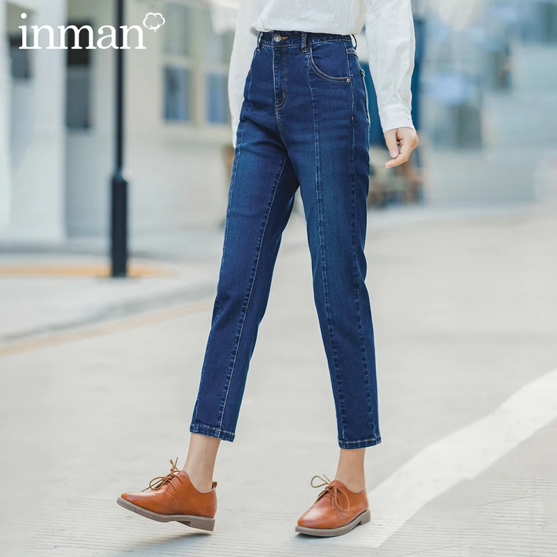 

INMAN 2020 Spring New Arrival High Waist Slimmed Elastic Boound Feet Jeans
