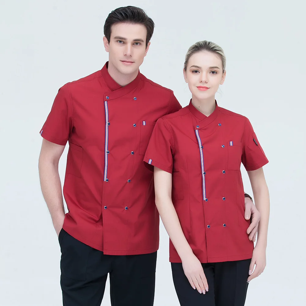 Unisex Casual Soft Chef Jackets Short Sleeve Oblique Collar Double Breasted Kitchen Catering Restaurant Food Serive Work Uniform