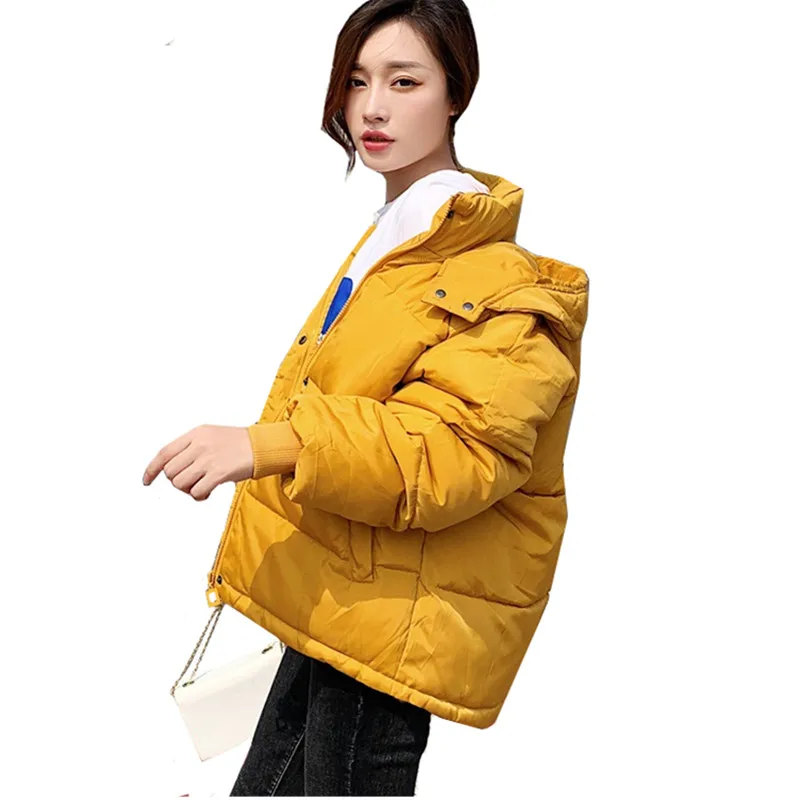 Корейская свободная хлопковая стеганая Женская Зимняя Куртка парка теплая Толстая короткая женская верхняя одежда однотонные повседневные женские пальто с капюшоном топы