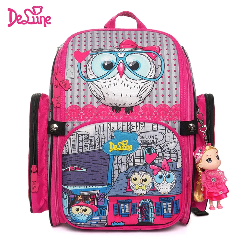 Delune, новинка, школьная сумка с мультипликационным принтом, ортопедический Детский рюкзак для девочек, 3D модель совы, кошки, Mochila Infantil, ранец для детей 1-3 лет - Цвет: 6-116