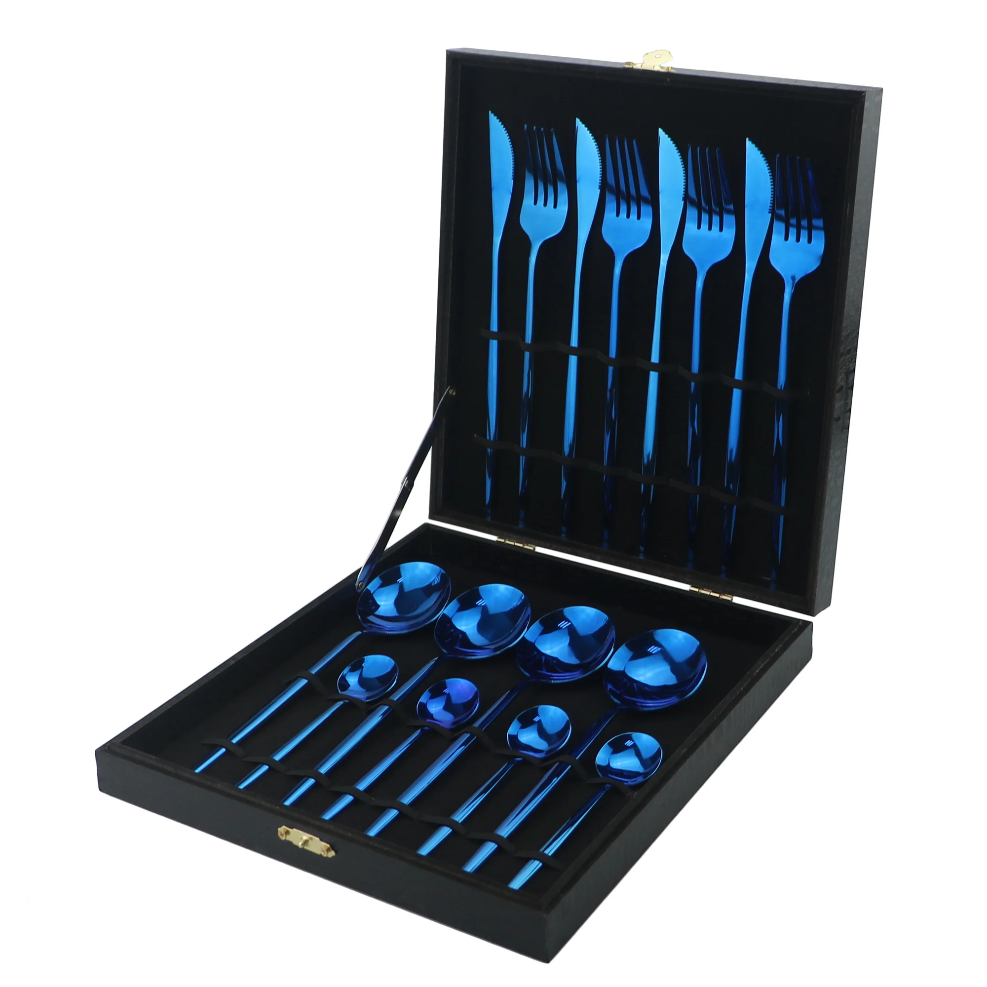 4Set Black Box Blue 4 набора столовых приборов Rianbow, набор столовых приборов из нержавеющей стали 304, набор ножей, вилок, обеденная ложка, столовые приборы, свадебные столовые приборы из серебра, деревянная подарочная коробка - Цвет: 4Set Black Box Blue