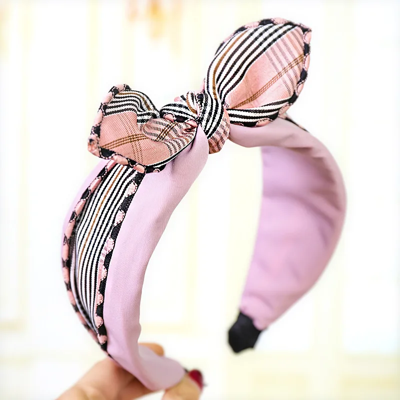 pink 12 шт. милые уши повязка на голову женские оголовье в клеточку корейский обруч на волосы, завязанный бантом для девочек - Цвет: pink