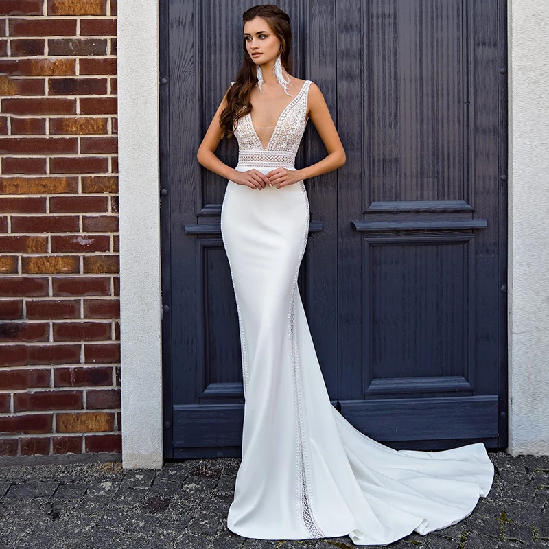 Elegant Deep V-Neck Mermaid Wedding Dresses 2021 Sleeveless Lace Vintage Civil Satin Bridal Gown For Women Backless Sweep Train sexy wedding dresses