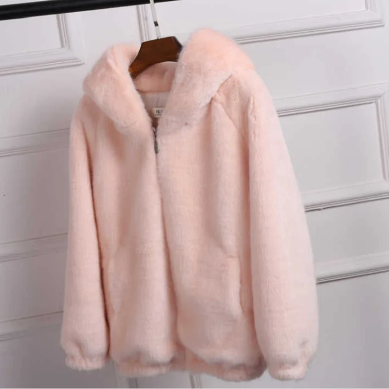 

New Faux Fur Coat Women's Winter Warm Faux Mink Fur Jacket With Hat Fashion Girls Hooded Fox Fur Fur Coat Women