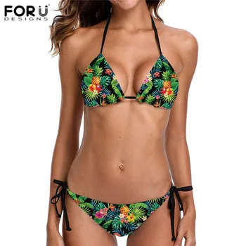 

FORUDESIGNS Women Swimwear Tropical Pineapple Fruit Design Micro Thong String Bikini Set for Lady Low Waist Bathing Suits 2020