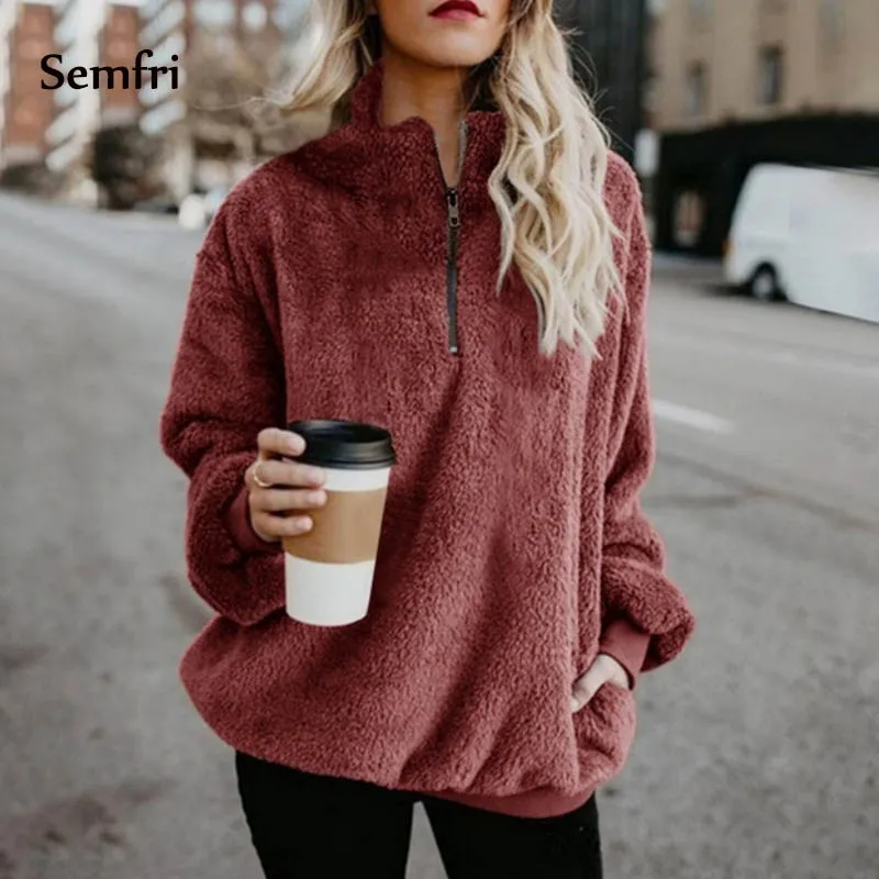 Semfri, женская зимняя толстовка, куртка, женское флисовое пальто, полумолния, негабаритный, спереди, с капюшоном, драпированные карманы,, свободные топы