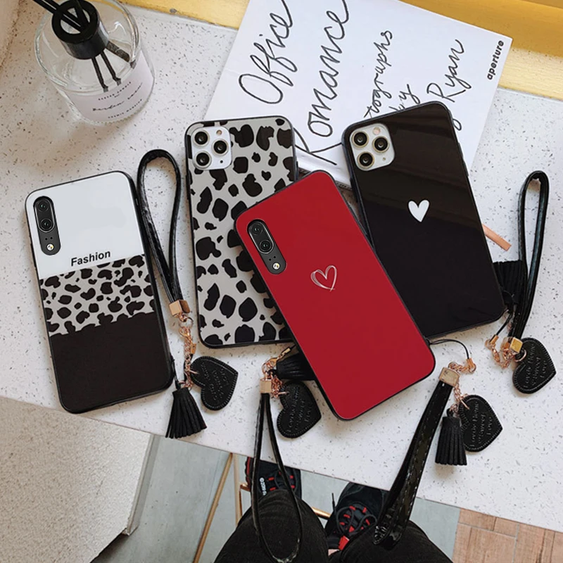 

For Huawei P30 Lite P20 Pro Case Free strap Fashion new Leopard Hard Glass Cover For Huawei P30 Pro P20 Lite 2019 phone Casing