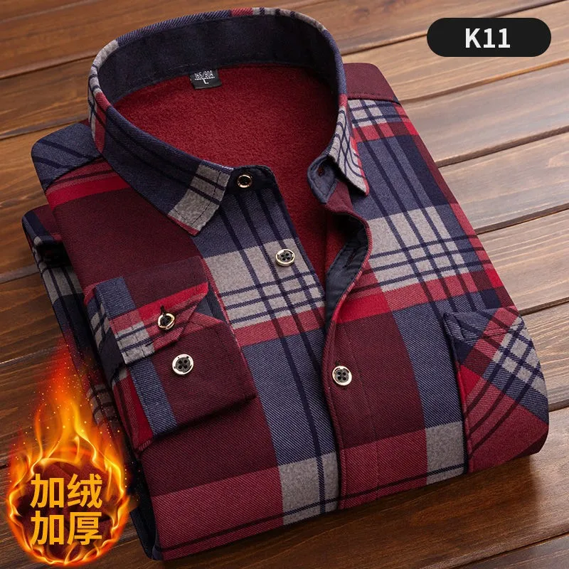 2022 Winter Mens Fashion Thicking Warm Long Sleeve Print Plaid Shirt Male Business Casual Fleece Lined Soft Flannel Dress Shirts mens short sleeve button down