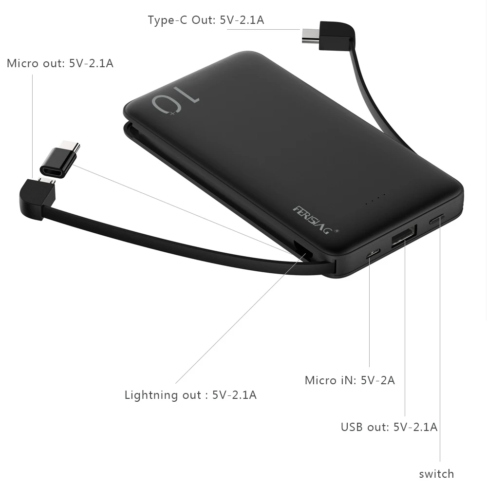 FERISING-cargador portátil USB con Cable, batería externa de 10000mAh, para iPhone, Samsung y Xiaomi - Imagen 3