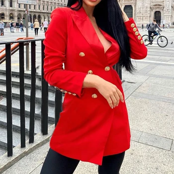 

2020 Slim Blazer Women Autumn Solid Jackets Female Business Double Breasted Blazers Suit Office Lady Style Winter Top Long Coat