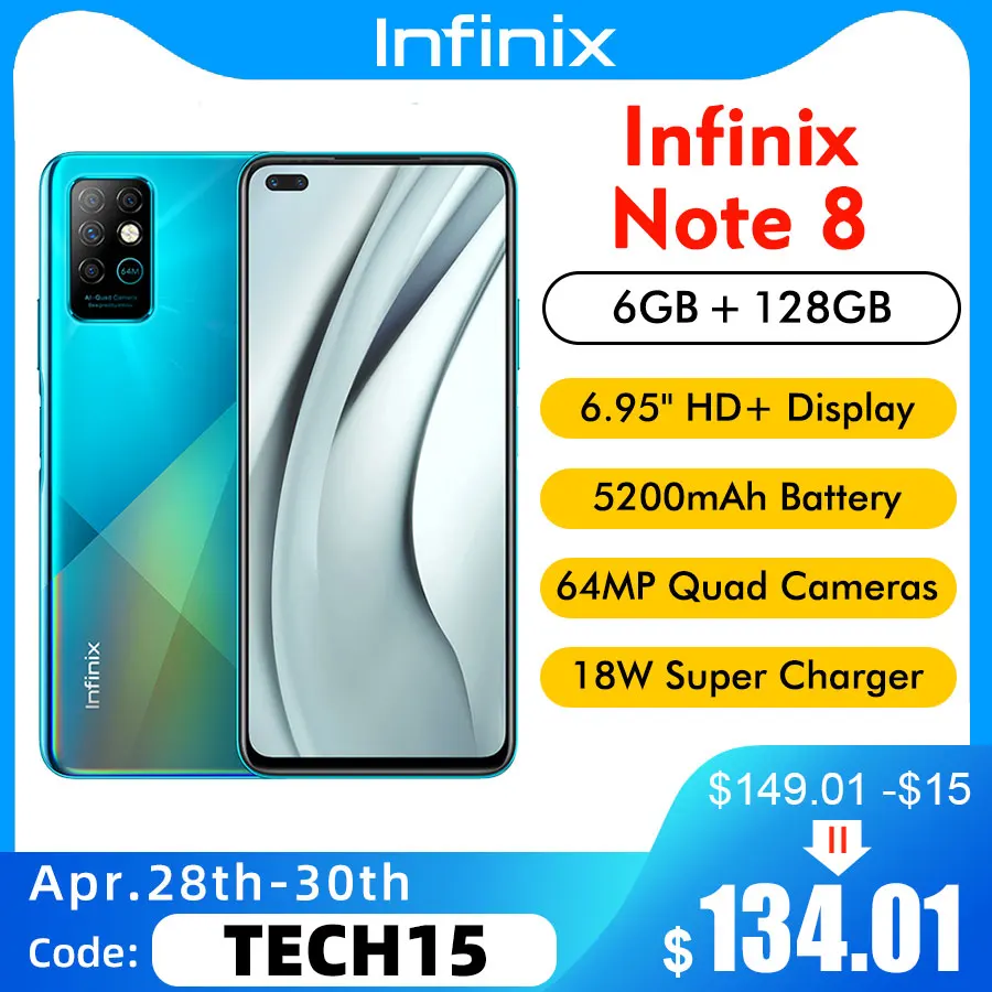 Infinix-teléfono móvil Note 8 X692-K, versión Global, 6GB, 128GB, 6,95 pulgadas, 20,5 HD +: 9, 64MP, 18W, carga rápida, Helio G80, ocho núcleos, 5200mAh
