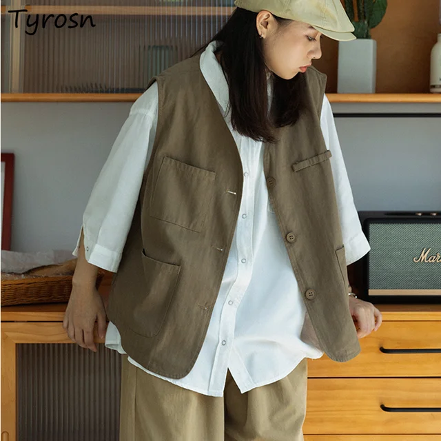 Women Vests Solid V neck Single Breasted Fashionable Japan Style Harajuku Streetwear Vintage Simple Waistcoats Casual
