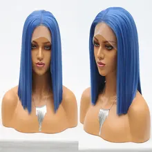Синий короткий боб синтетический 13*3 дюймов парик фронта шнурка термостойкие волокна волос естественная линия волос средний пробор для женщин Девушка Парики