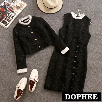 

2019 New Autumn and Winter Lady's Short Tweed Coat + Sleeveless Woolen Tank Dress Two-piece Women Dress Suit