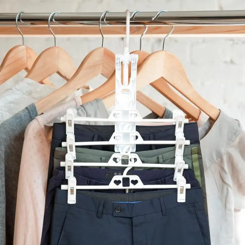 Multi-functional Foldable Pants Hanger White Telescopic Multi-layer Shirt Drying Rack Sock Clip Plastic Home Storage Supplies