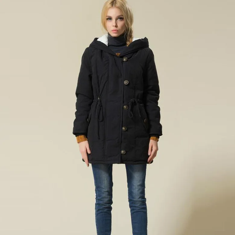 Женское зимнее тонкое теплое длинное хлопковое пальто, женская осенняя куртка с капюшоном из хлопка с мехом размера плюс, базовая женская верхняя одежда - Цвет: Черный