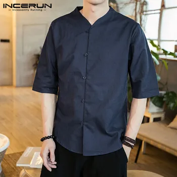 

INCERUN Summer Casual Shirt Men Cotton Short Sleeve V Neck Breathable 2020 Button Chinese Style Vintage Solid Shirts Men Camisa