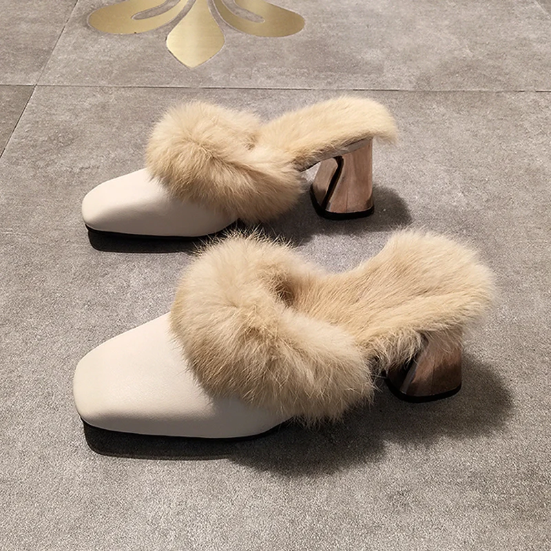 

Med Mules Womens Shoes Ladies' Slippers Pokemon Plush Luxury Slides Square Toe Fur Designer Block Cover Heels Rome PU Rubber
