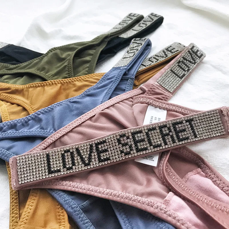 Sexy Women Thongs Panties Rhinestones letter Diamonds G-string Sports Thong Low Waist Shorts Briefs T-back Fitness Size S-XL | Женская