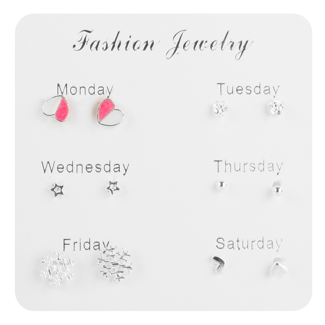 Pairs Stud Earrings Set for Women Statement Heart Star Snowflake Flower Crystal Pearl One Week Minimalist Set of Earrings Gift