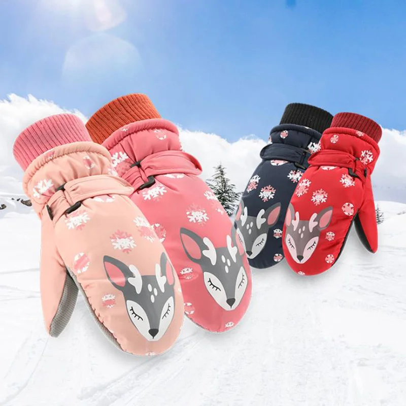 

Cute Cartoon Snowflake Elk Outdoor Sport Ski Gloves for 6-10 Years Children Winter Velvet Warm Waterproof Glove