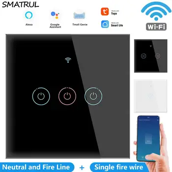 

SMATRUL Tuya Smart Touch WiFi Wall Switch Light APP No Neutral Wire Required 2 In 1 1/2/3 Gang EU Glass Google Home Alexa 220V