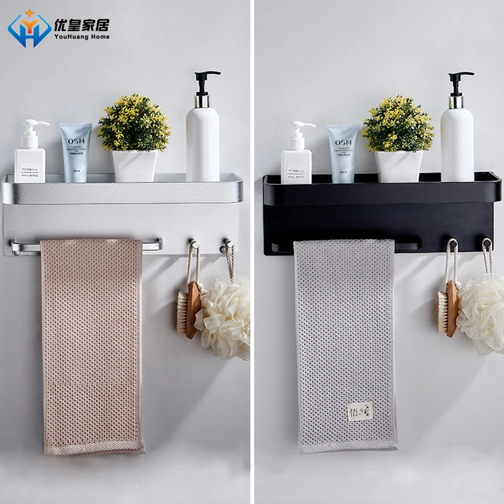 

Punch-Free Space Aluminum Kitchen Shelf Rack Bathroom Accessories Wall-Mounted Double Layer Towel Holder Storage Hanger