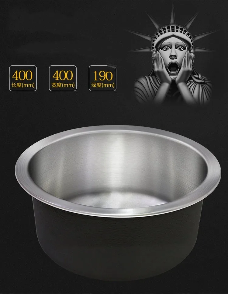 Kitchen Sink 304 Stainless Steel 36X36/40X40CM Round Single Trough Set Dish Basin Dishwashing Pool Balcony Pool Bar