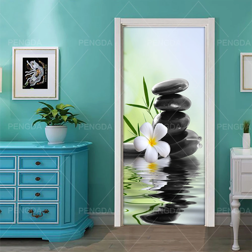 Billige Selbst Klebe Diy Kunst Aufkleber Aufkleber Hause Tür Stein Blume Bambus 3D DecorRenovation PVC Tapete Drucken Bild für Wohnzimmer