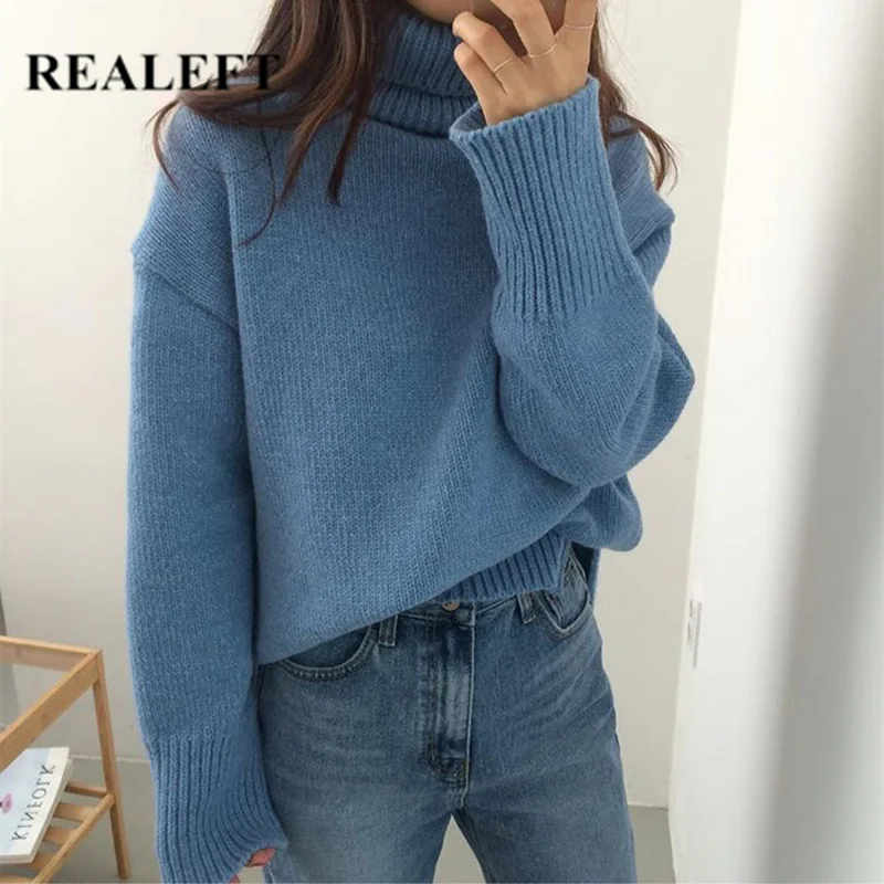 

REALEFT New Arrival Women's Sweaters Autumn Winter 2019 Pullover Knitting Turtleneck Minimalist Solid Long Sleeve Loose Tops