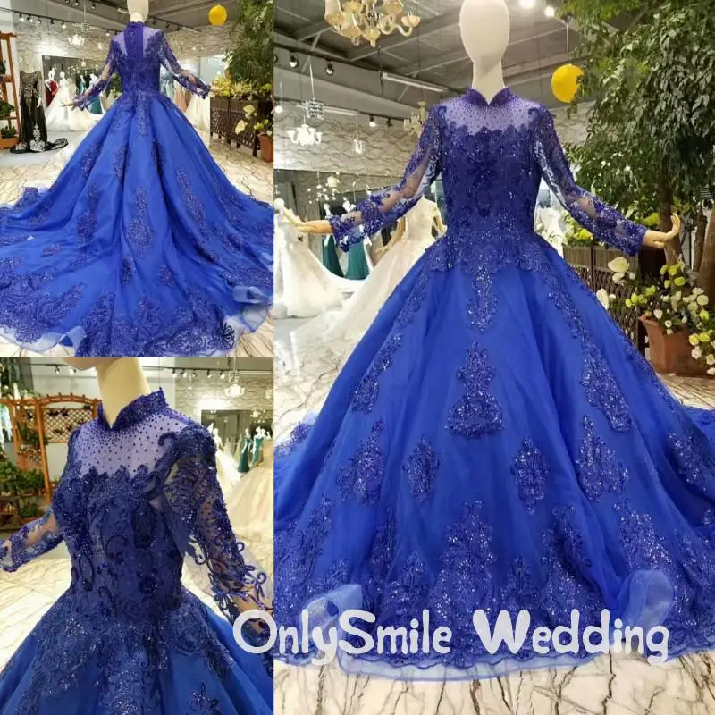 Королевский синий Свадебные платья Robe De Mariage принцесса с длинным рукавом Тюль с бусами Жемчуг Кристалл роскошные свадебные Abiti Da Sposa