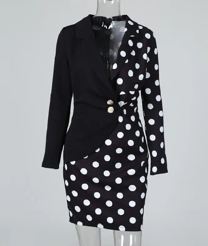 Dot Print Colorblock Insert Blazer Dress Polka Dot Patchwork Blazer Dress Female Dress Office Lady Vestidos