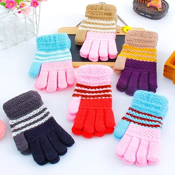 

Winter Warm Baby Gloves Children Knitted Stretch Mittens Kids Solid Girls Gloves Full Finger Glove Boys Striped Gloves 7-12T