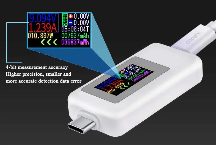 Напряжение Амперметр тип-c тестер Быстрая зарядка USB инструмент измеритель тока Измерение температуры Высокая точность цвет Емкость экрана