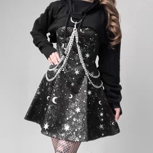 

Gothic Dark Print Elegant Dress Goth Pleated Spaghetti Strap Black Dresses Iron Chain Hoodie Long Sleeve Tops Punk 2 Piece Sets