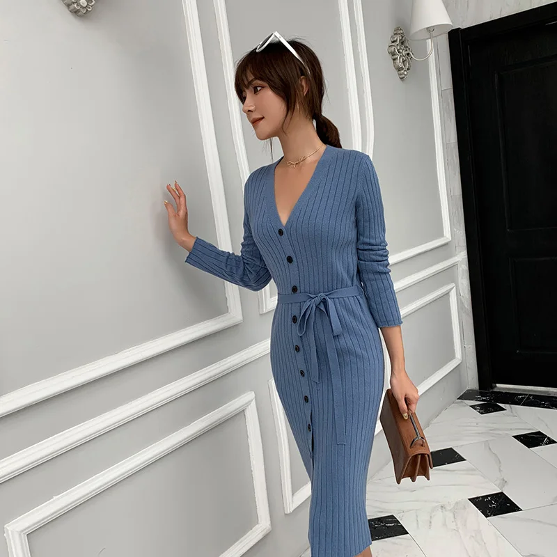 

2019 Autumn And Winter Cashmere Wool Sweater New Women's V-neck Long Cardigan Slimming Tie Slim Slimming Fashion Knit Sweater