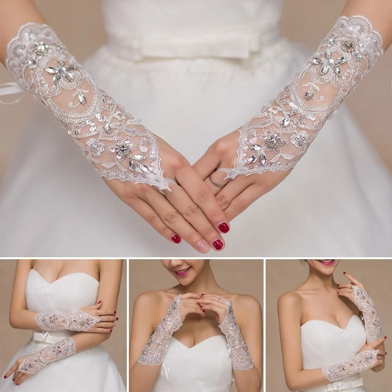 New 1pair cheap wedding accessories for bride Wedding dress gloves performance studio supplies crystal barato wedding gloves