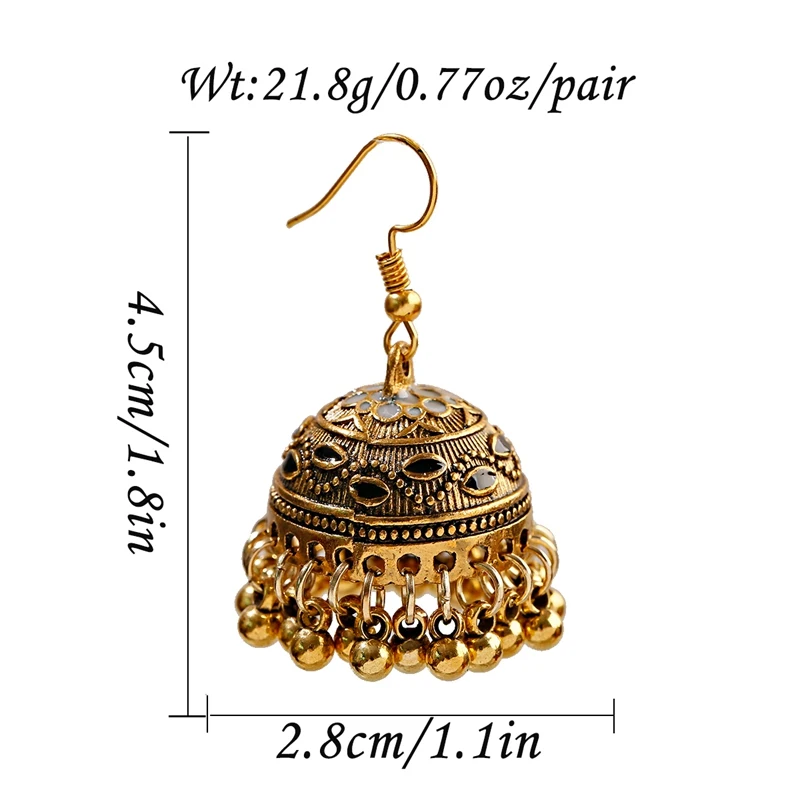 Women's Vintage Ethnic Earrings Golden Bell Tassel Carved Jhumka Boho Jewelry