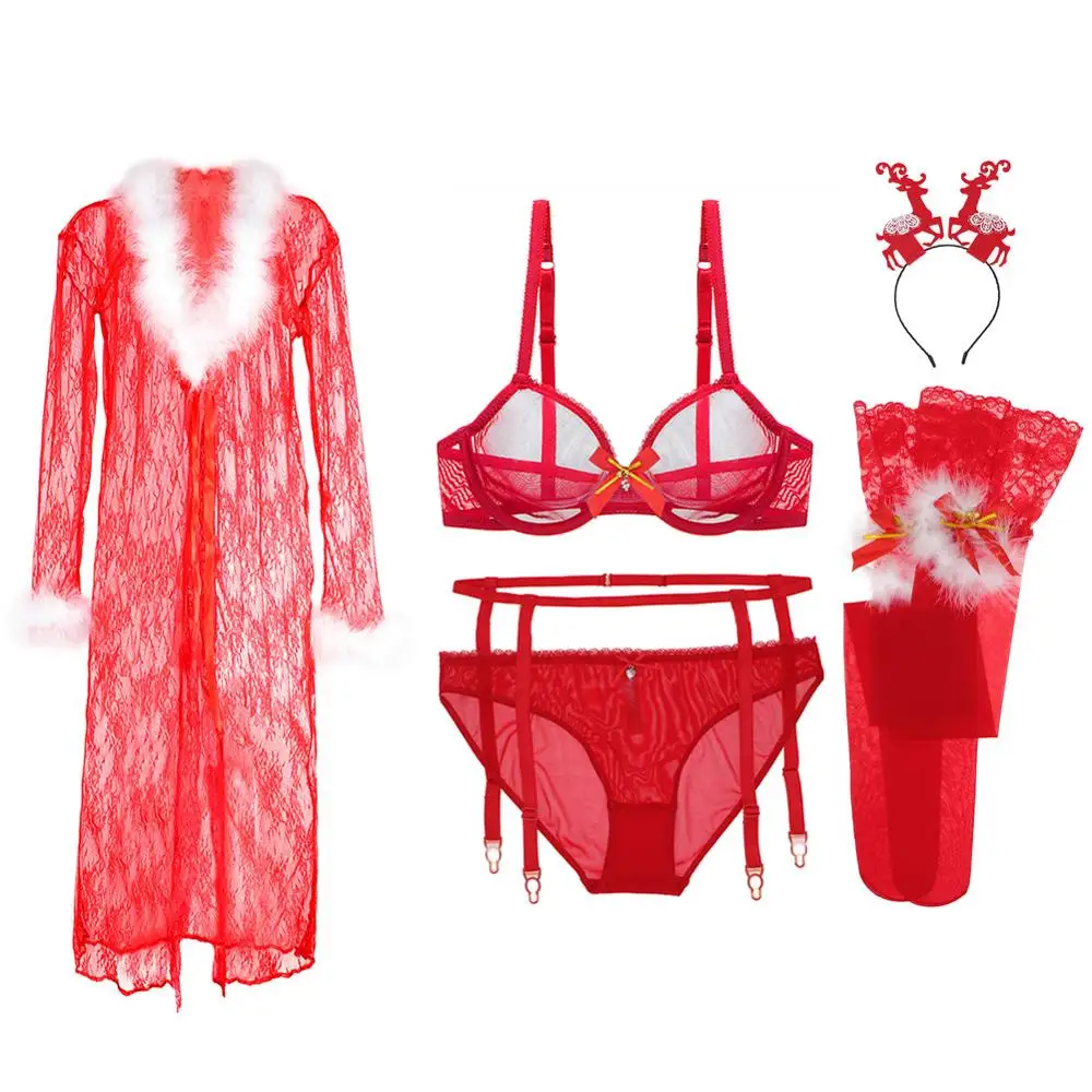 Big Red Varsbaby christmas big red 6 pcs bras+panties+garters+stockings+antler headband+nightgown bra and panty set - Цвет: Big Red