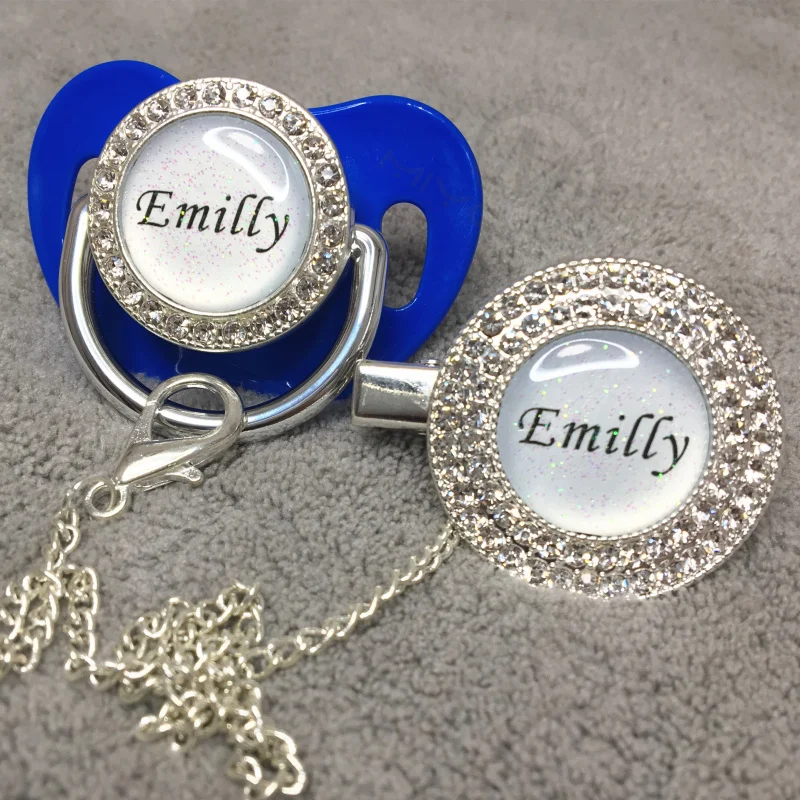 

MIYOCAR custom any glitter name photo blue bling pacifier and pacifier clip silver BPA free dummy bling glitter design P6-1-BG