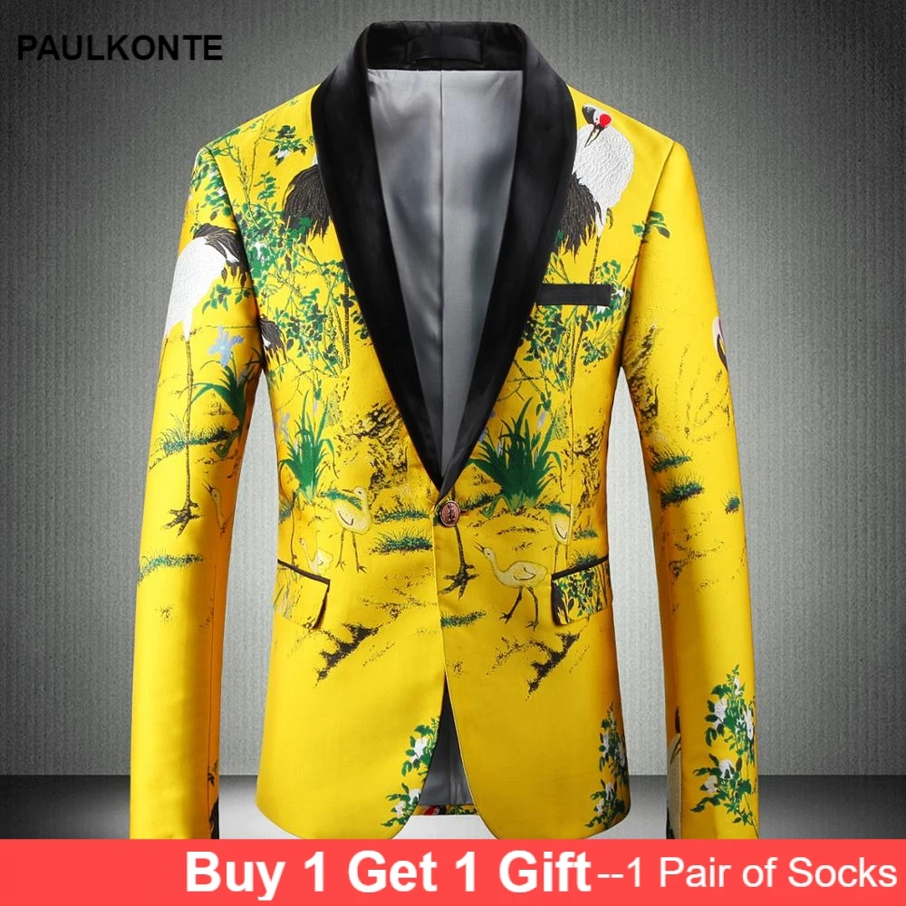 2019 Fashion Casual Blazer Hombre Yellow Printed Embroidered Coat Male Comfortable Stage Party Men'S Suit Coat
