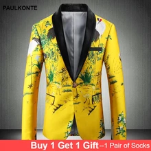 2019 Fashion Casual Blazer Hombre Yellow Printed Embroidered Coat Male Comfortable Stage Party Men'S Suit Coat 2019 Fashion Casual Blazer Hombre Yellow Printed Embroidered Coat Male Comfortable Stage Party Men'S Suit Coat