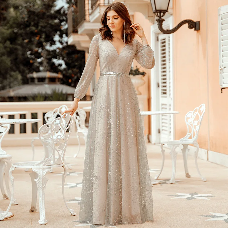 

Europe And America Hot Selling Spring Deep-V Long Sleeve Dusting Powder Fabric Shiny Annual General Meeting Dinner Formal Dress