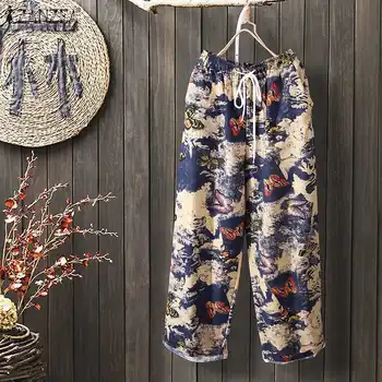 

ZANZEA Women's Wide Leg Pants 2020 Vintage Long Trousers Cotton Linen Floral Printed Pantalon Pockets Streetwear Female Bottoms