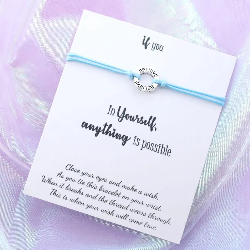Sky Blue Верьте в себя Wish Bracelet Believe String Bracelet Серебряный верующий Шарм для женщин и мужчин дружба вдохновляющий подарок - Окраска металла: Sky Blue